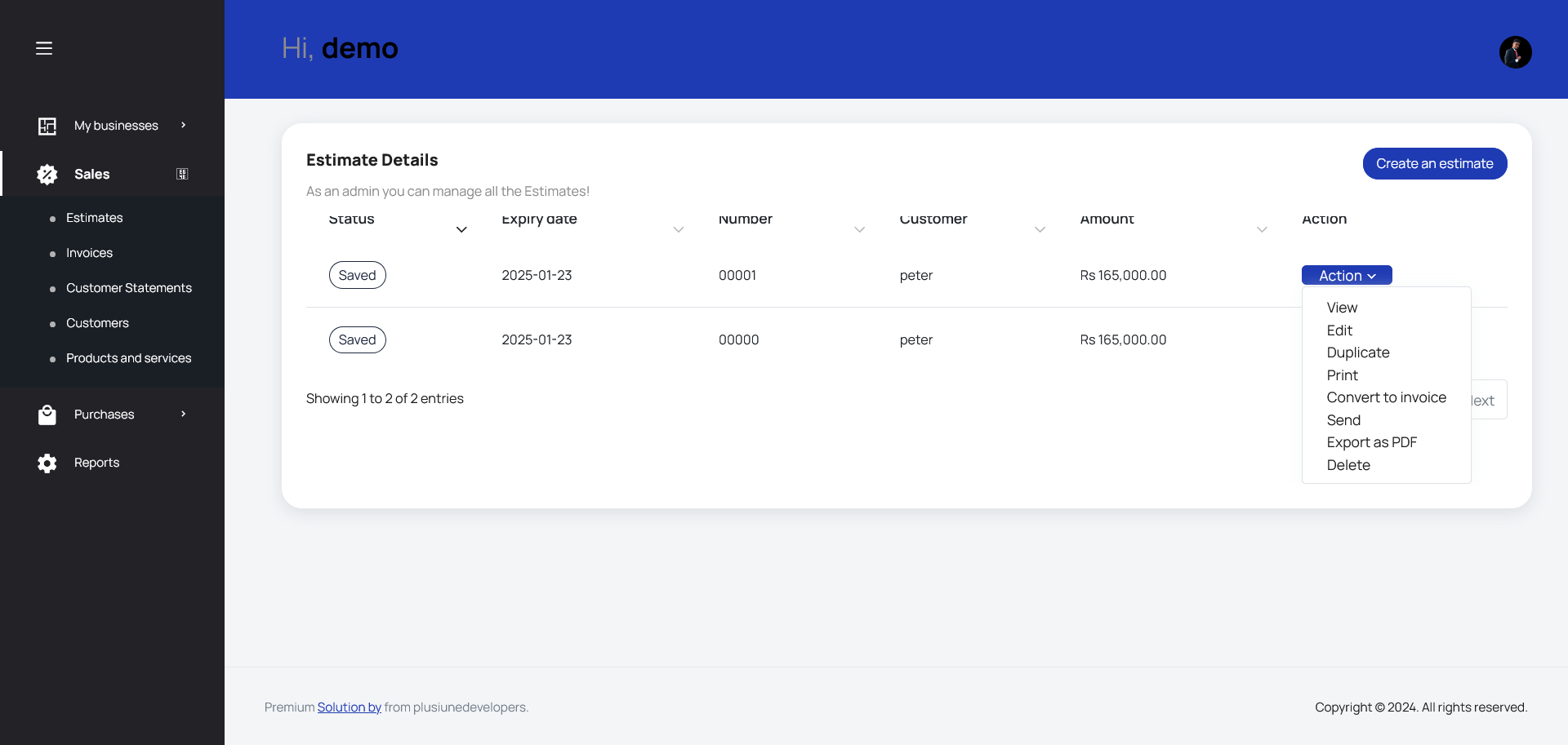 ClearBooks Estimate index