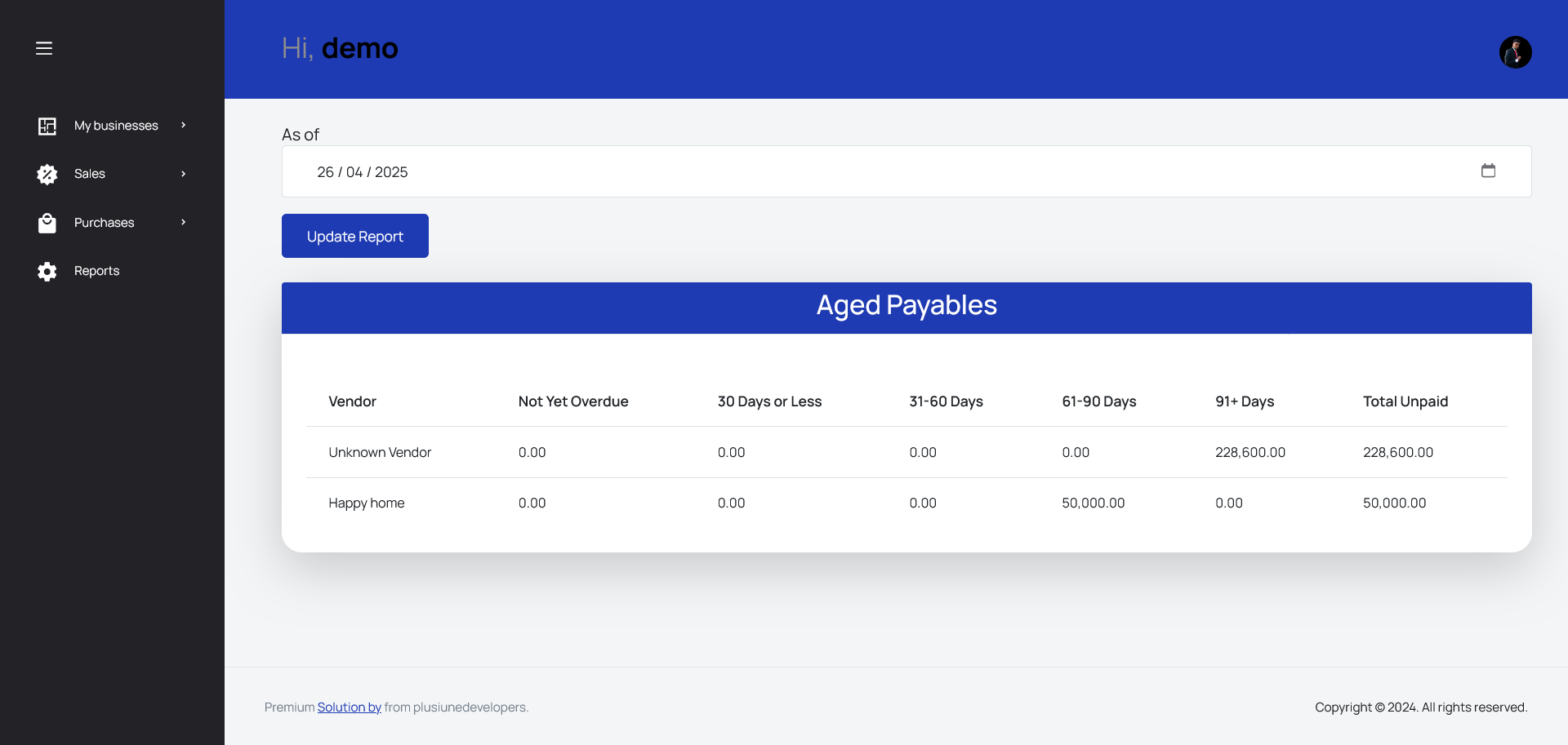 ClearBooks Reports purchase aged payables